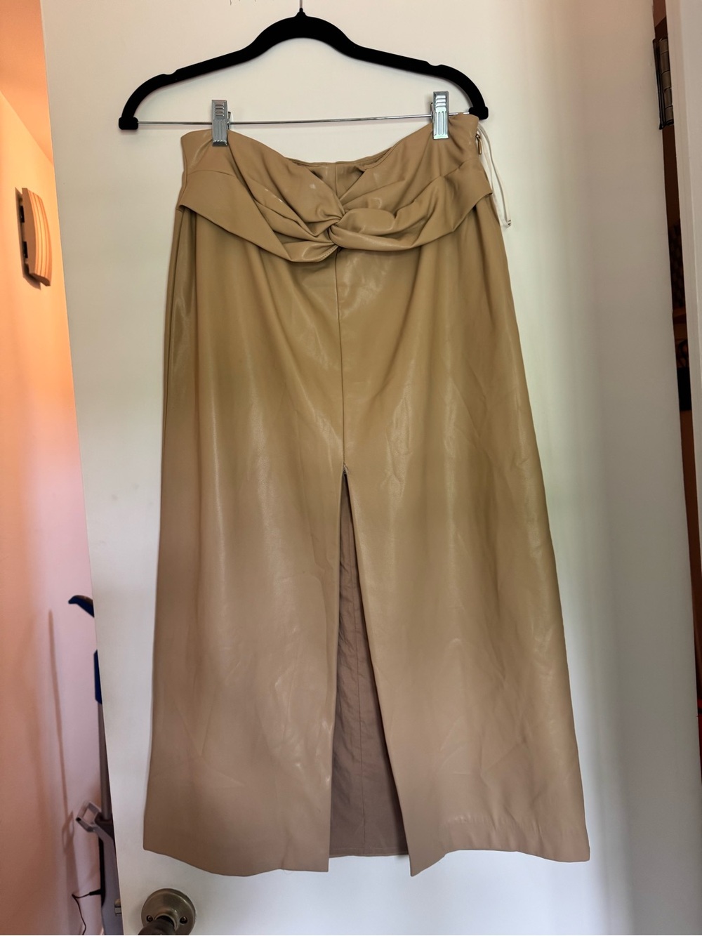 Tanya Taylor Tan Faux Leather Knot-Waist Midi Skirt